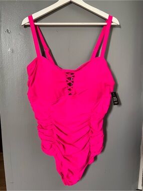 Torrid Hot Pink Ruched One-Piece Swimsuit with Lace-Up Front NWT
